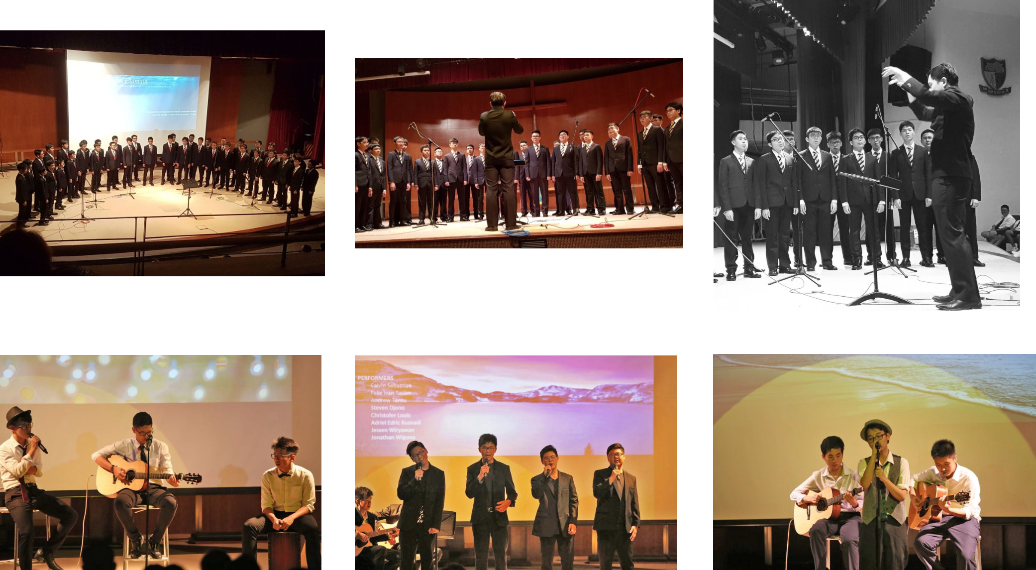 Six photos of student choir and musical performances on stage, including conductors, singers, and guitarists.